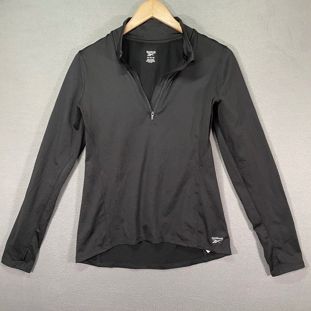 Reebok Quarter Zip Men Medium Black Athletic Performance Thumbhole REW203TL42